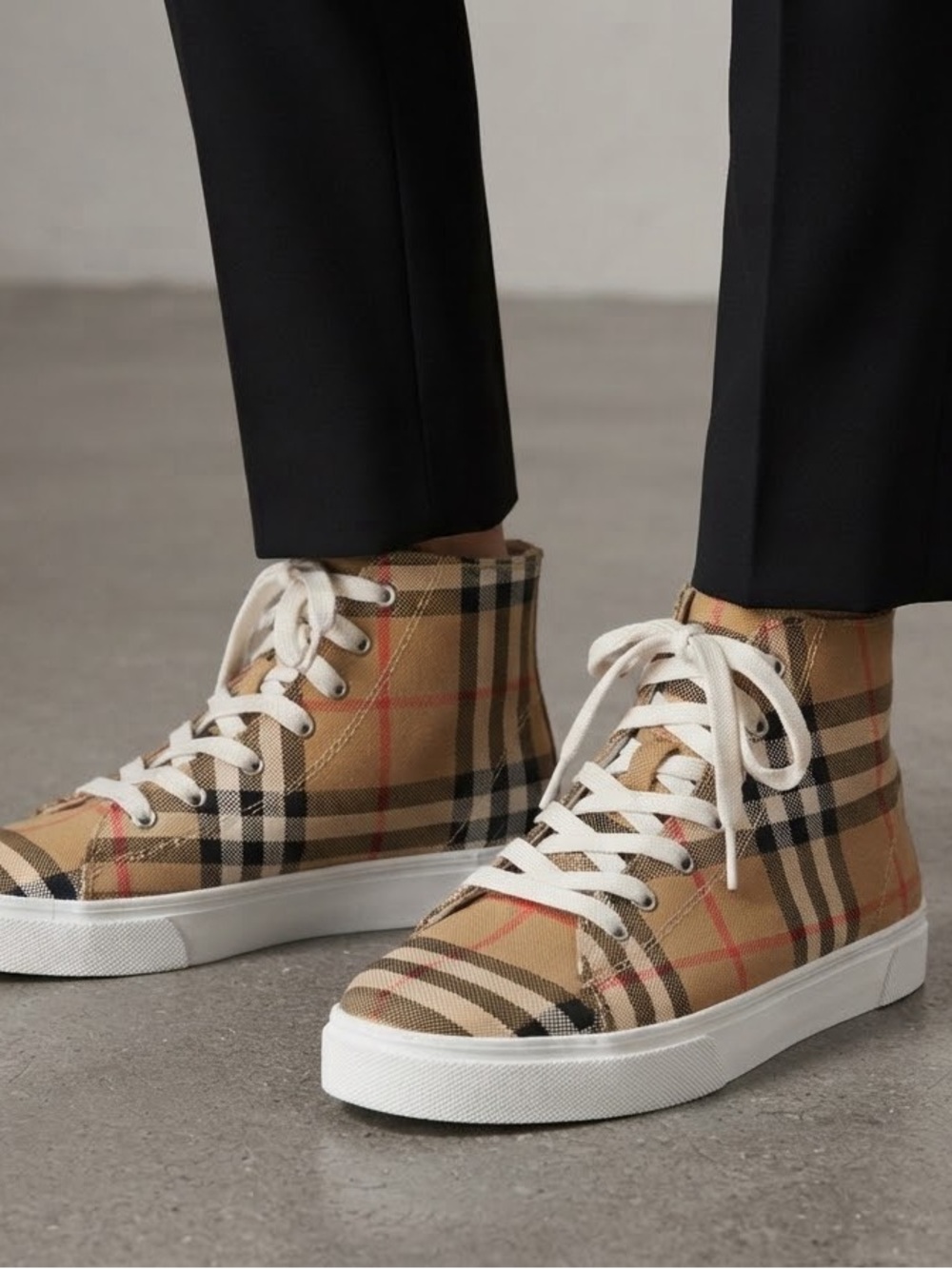 Plaid High-Top Canvas Sneakers in Tan